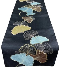 Čierna dekoračná štóla s motívom Ginkgo lístia Šírka: 35 cm | Dĺžka: 140 cm