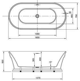 Aqualine Aqualine, ANTIK voľne stojaca vaňa 160x79cm, biela, E2679