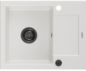 Mexen Enzo, granitový drez 576x465x174 mm, 1-komorový, biela s čiernym sifónom, 6506571005-20-B