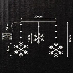 Svetelný vonkajší záves Snowflakes, 200x60cm, LED, teplá biela, časovač, 8 funkcií, na batérie, 200 cm