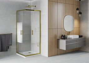 Mexen Rio, štvorcový sprchovací kút s posuvnými dverami 80(dvere) x 80(dvere) x 190 cm, 6mm číre sklo s pásikmi, zlatý profil + biela sprchová vanička SLIM, 860-080-080-50-20-4010G