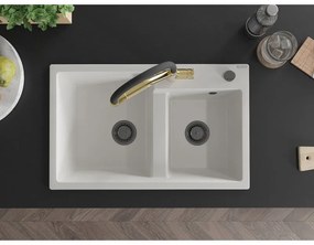Mexen Tomas, 2-komorový granitový drez 800x500x190 mm  a kuchynská batéria Duo, biela, 6516-20-671701-57-B