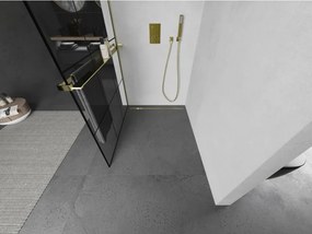 Mexen Kioto+ L, sprchová zástena Walk-In s poličkou a vešiakom 110 x 200 cm, 8mm číre sklo čierny vzor, zlatý lesklý profil,800-110-123-50-77