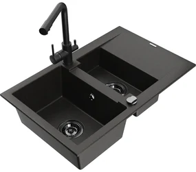 Mexen Gaspar, granitový drez 737x475x177 mm, 1,5-komorový, čierna batéria Duero, čierna-zlatá metalíza, 6507-75-671600-70-B
