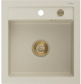 Mexen Vito, granitový drez 520x490x210 mm, 1-komorový, béžová so zlatým sifónom, 6503521000-69-G