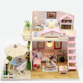 KIK Dvojposchodový drevený model domčeka pre bábiky na zostavenie LED