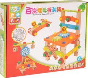 KIK Drevená stavebnica 49 dielov – dielenská stolička, montážna súprava, vzdelávacia hračka 3+