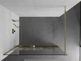 Mexen Kioto+, sprchová zástena s poličkou a držiakom na uteráky 90 x 200 cm, 8mm číre sklo vzor biely, zlatý profil 800-090-121-50-85