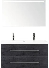 Kúpeľňový nábytkový set Sanox Straight farba čela black oak ŠxVxH 100 x 170 x 40 cm s dvojitým umývadlom z minerálnej liatiny a zrkadlom s LED osvetlením