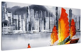 Obraz - Victoria Harbor, Hong Kong, čiernobiela olejomaľba (120x50 cm)