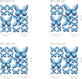 Motýle svetlomodré 13 ks textilní prelepiteľné nálepky na stenu list 30 x 30 cm