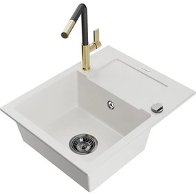Mexen Enzo, 1-komorový granitový drez 576x465x174 mm a drezová batéria Flora, biela, 6506-20-670401-57-B