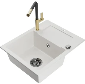 Mexen Enzo, 1-komorový granitový drez 576x465x174 mm a drezová batéria Flora, biela, 6506-20-670401-57-B