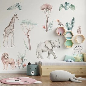 Gario Detská nálepka na stenu Savanna - slon, lev, žirafa, opica
