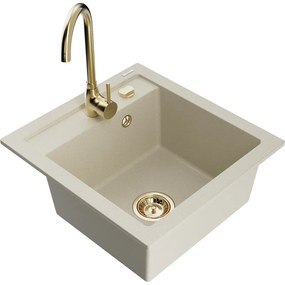 Mexen Vito, 1-komorový granitový drez 520x490x210 mm, zlatá batéria Telma, béžová, 6503-69-670200-50