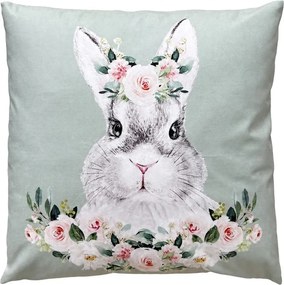 Zelený dekoračný vankúš s motívom králika s kvetmi - 45*45*4 cm