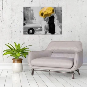 Obraz - Zamilovaný pár pod dáždnikom, žltý (70x50 cm)