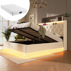 Čalúnená manželská posteľ Led 160*200 cm, biela, Pu Usb typu C+Matrac
