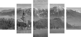 5-dielny obraz kostol pri jazere Bled v Slovinsku v čiernobielom prevedení Varianta: 100x50