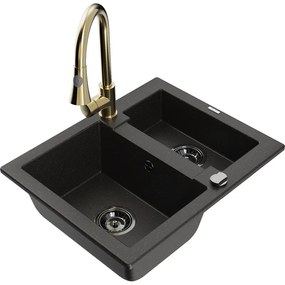 Mexen Carlos, 1,5-komorový granitový drez 582x475x177 mm a drezová batéria Elia, čierna-zlatá metalíza, 6518-75-670101-50-B