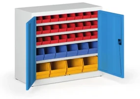 Skriňa s plastovými boxami BASIC - 800 x 400 x 920 mm, 24xA/6xB/4xC, sivá/modré dvere