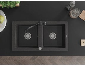 Mexen Mario, granitový drez 820x436x161 mm, 2-komorový a drezová batéria Carla, čierna škvrnitá, 6504-76-670700-70