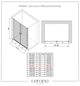 Cerano Antelo, 2-krídlové sprchové dvere do otvoru 96x190 cm, 6 mm číre sklo, chrómový profil, CER-CER-432322