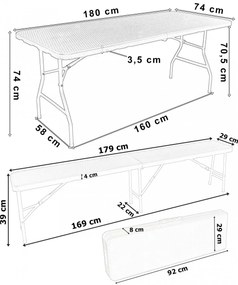 Cateringový set RATTAN stôl 180 cm a 2 lavice hnedý