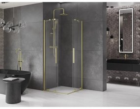 Mexen Velar Duo, sprchový kút s posuvnými dverami 90(dvere) x 90(dvere) cm, 8mm číre sklo, zlatý matný profil, 871-090-090-02-55