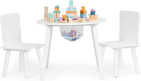 ECOTOYS detský stolík + 2 stoličky, biely skandinávsky set so sieťovým úložiskom