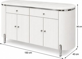 KOMODA GASTON II STRIEBORNÉ NOHY + BIELA + MRAMOR 150 cm