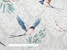 Biante Detský bavlnený záves Sandra SA-471 Lastovičky s motýlikmi na svetlo sivom ornamente 150x220 cm