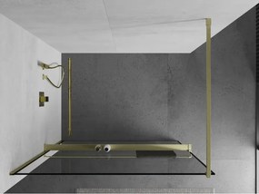 Mexen Kioto+, sprchová zástena Walk-In s poličkou a vešiakom 80 x 200 cm, 8mm číre sklo čierny vzor, zlatý matný profil, 800-080-121-55-70