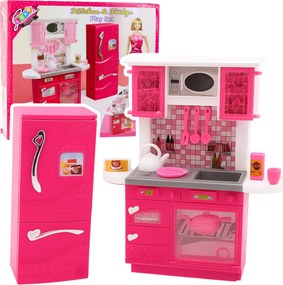 LEAN Toys Kuchynská súprava pre bábiky s chladničkou, rúrou a príslušenstvom, ružová