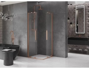 Mexen Velar Duo, sprchový kút s posuvnými dverami 90(dvere) x 90(dvere) cm, 8mm číre sklo, medená matná profil, 871-090-090-02-65