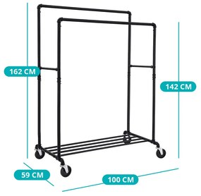 Dvojitý pojazdný stojan na oblečenie, čierny