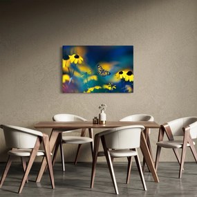 Obraz - Žltý motýľ s kvetmi (90x60 cm)
