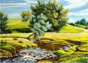 Obraz - Rieka medzi lúkami, olejomaľba (70x50 cm)