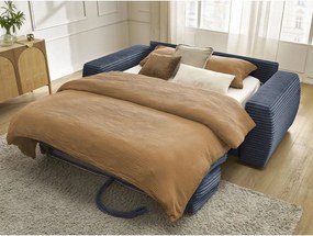 Tmavomodrá menčestrová pohovka na každodenné spanie/rozkladacia 220 cm Hugo – Bobochic Paris