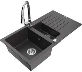 Mexen Matias, 1,5-komorový granitový drez 900x505x200 mm a drezová batéria Elia, čierna škvrnitá, 6502-76-670101-00