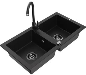 Mexen Mario, 2-komorový granitový drez 820x436x161 mm a čierna drezová batéria Telma, čierna, 6504-77-670200-70-B