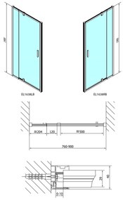 Polysan Polysan, EASY BLACK otočné sprchové dvere 760-900mm, sklo Brick, EL1638B