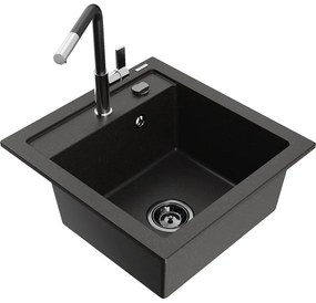 Mexen Vito, 1-komorový granitový drez 490x520x210 mm a drezová batéria Flora, čierna-zlatá metalíza, 6503-75-670401-07-B