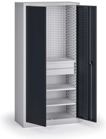 Policová dielenská skriňa 2-dverová, 3 police + 2 zásuvky, 1950 × 950 × 500 mm, grafitové dvere