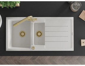 Mexen Andres, granitový drez 1000x500x200 mm, 1,5-komorový + zlatá batéria Duero, biela, 6515-20-671600-50