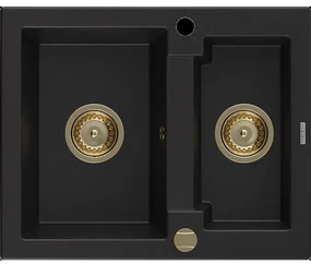 Mexen Carlos granitový 1,5-komorový drez 582 x 475 mm, Čierna, Sifón Zlatá - 6518581500-77-G
