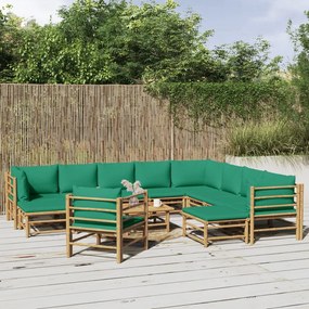 12-dielna záhradná sedacia súprava zelené vankúše bambus 3155162