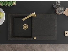 Mexen Leo, drez granitový 900x500x190 mm, 1-komorový, čierna - zlatá metalíza so zlatým sifónom a zlatá drezová batéria Rita, 6501-75-670300-50