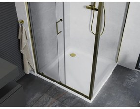 Mexen Apia, sprchový kút s posuvnými dverami 90 (dvere) x 90 (stena) cm, 6mm číre sklo, zlatý profil + biela sprchová vanička SLIM, 840-090-090-50-00-4010G
