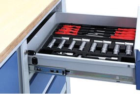 Pracovný stôl do dielne G6, 2 zásuvky, 2 skrinky, 1 polica, 1690 x 600 x 860 - 900 mm, modrá